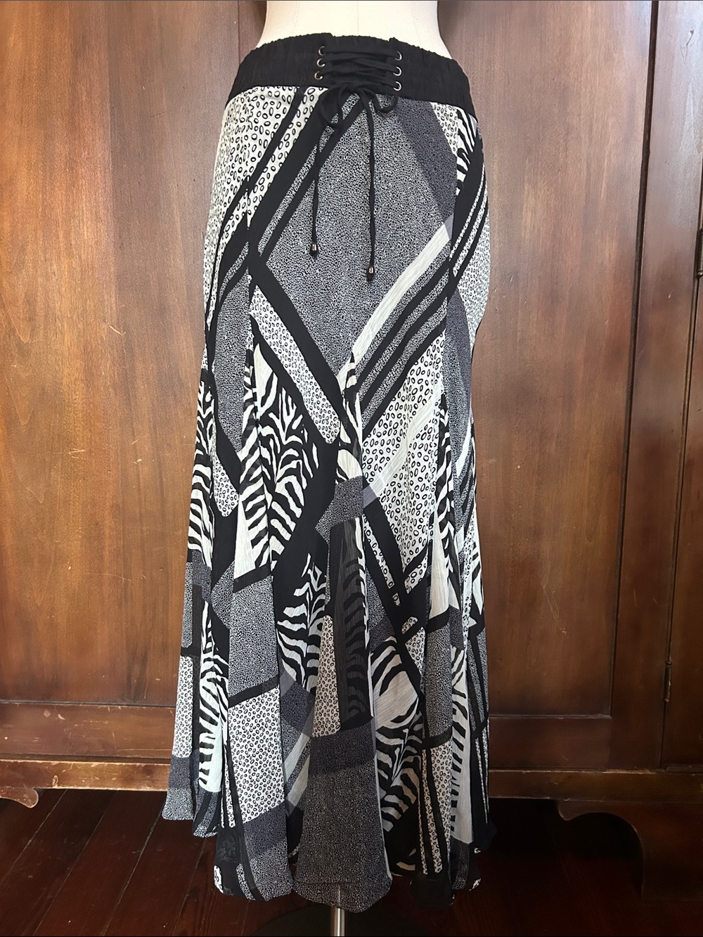 Y2K Black & White Mixed Pattern Gored Maxi Skirt with Lace-Up Corset Waist L